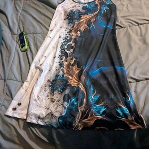 Artistic Black and White Dress with Blue Accents